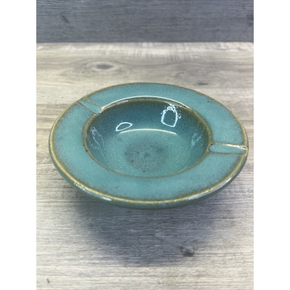 Vintage Art Deco Pottery Turquoise Glaze Hand Made HEAVY Round Ashtray